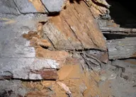 Cuboidal brown rot cracking in the destroyed foot of a roof truss, with Serpula lacrymans mycelial cords beneath the tenon